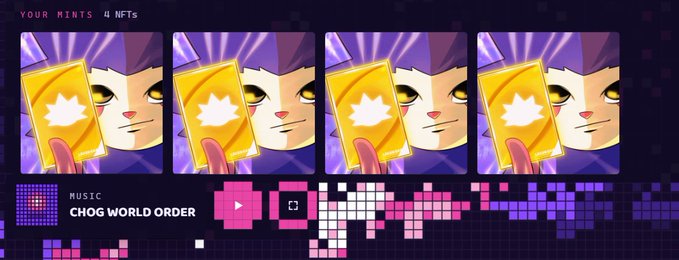 A digital display showing "YOUR MINTS 4 NFTs" with four identical cartoon cat NFTs holding gold cards, alongside music titled "CHOG WORLD ORDER" and a pixelated audio waveform.