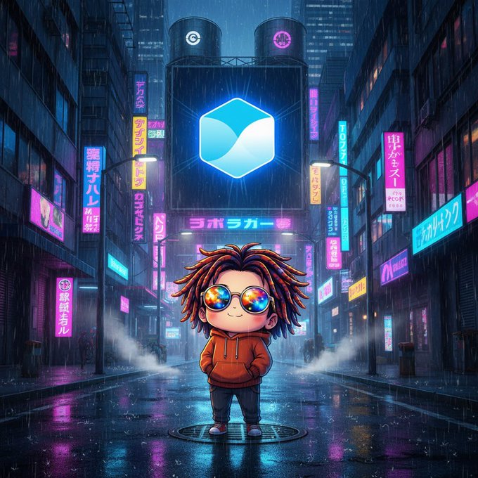 A chibi-style character with dreadlocks and reflective sunglasses stands on a rainy cyberpunk street beneath a glowing blue Neon (NEX) logo and Japanese neon signs, with the post's caption emphasizing maturity dates over APR in fixed-rate lending, suggesting the visual symbolizes crypto-DeFi markets like Ondo and TermMaxFi that operate within defined expiration windows.