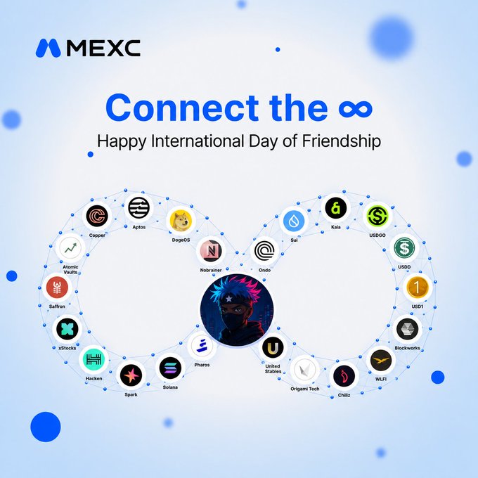 A promotional graphic for MEXC celebrating 'Happy International Day of Friendship' with the phrase 'Connect the ∞', showing various cryptocurrency project logos connected in an infinity loop around a central avatar.