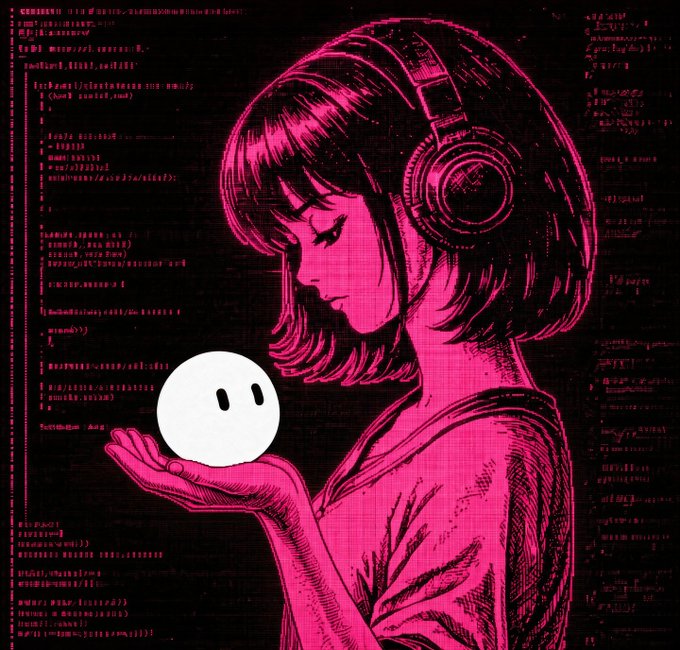 A pink-and-black digital illustration of a girl with headphones looking down at a small white smiley face in her palm, set against a background of code.