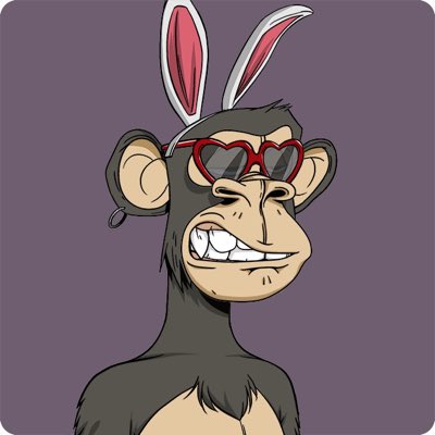 A cartoon NFT image of a grinning chimpanzee wearing red heart-shaped sunglasses and white bunny ears on a purple background.