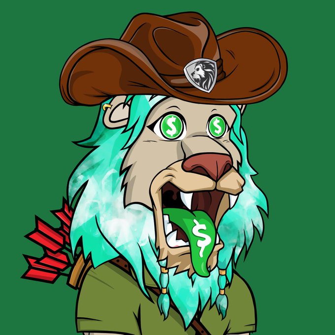 A cartoon character with teal hair, a brown cowboy hat, and dollar signs for eyes holds a dollar bill in its mouth against a green background.