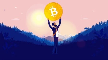A digital illustration of a suited man holding up a large gold Bitcoin coin against a sunset landscape with mountains and trees.