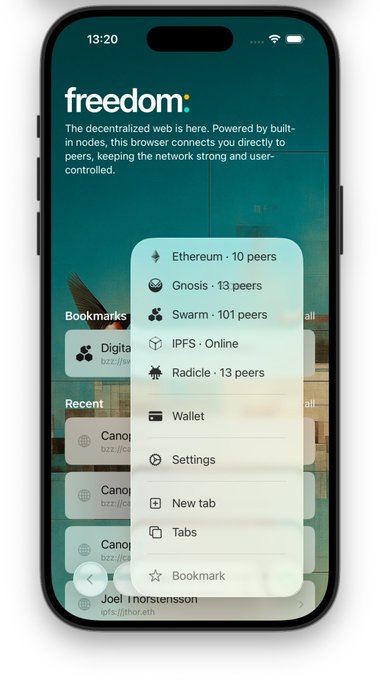 Screenshot of the "freedom:" app on iPhone showing a menu with 5 active p2p network connections: Ethereum (10 peers), Gnosis (13 peers), Swarm (101 peers), IPFS (Online), and Radicle (13 peers), confirming the app's multi-protocol decentralized browsing capabilities.