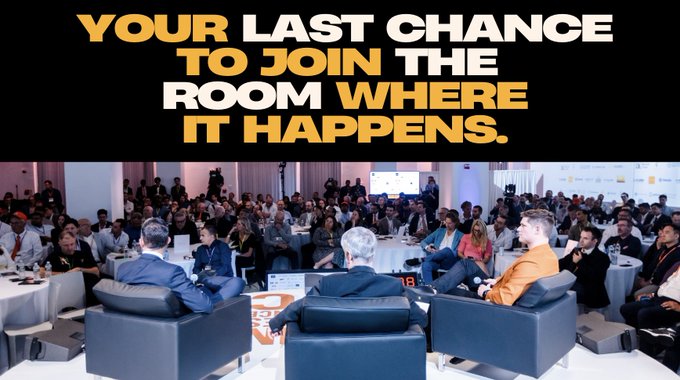 A panel discussion event with the overlaid text "YOUR LAST CHANCE TO JOIN THE ROOM WHERE IT HAPPENS." in yellow and white lettering.