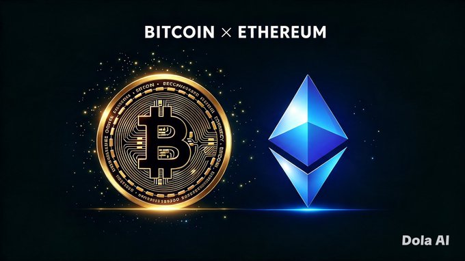A digital graphic titled "BITCOIN × ETHEREUM" displays the logos of both cryptocurrencies side by side against a dark, sparkly background, with "Dola AI" written in the bottom right corner.