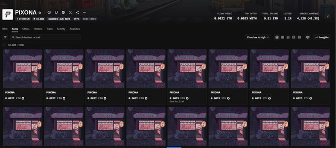 The image shows the PIXONA NFT collection page on OpenSea, displaying multiple listings of pixelated Pixelmon-style creatures each priced between 0.0022–0.0023 ETH, consistent with the post's mention of a 0.0006–0.0024 ETH price range for the Pixona mint.