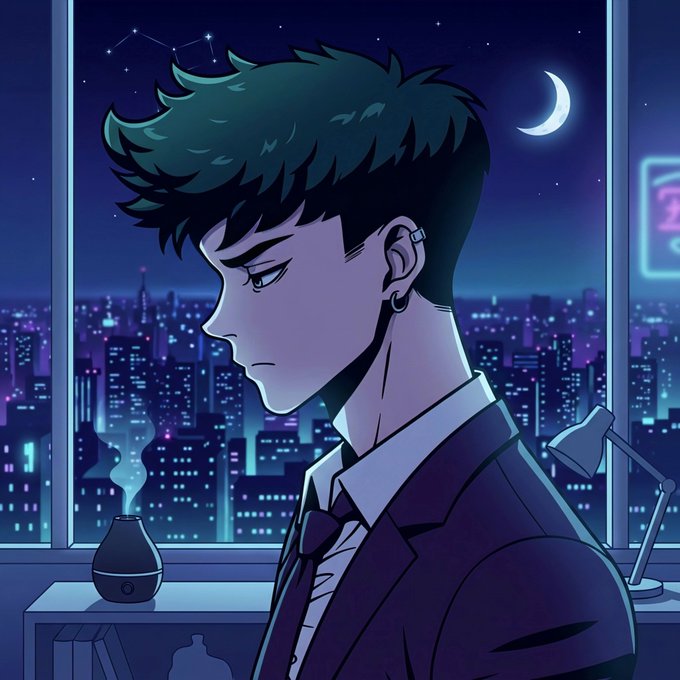 An anime-style illustration shows a young man with dark teal hair in profile, wearing a suit and tie, sitting by a window overlooking a neon-lit cityscape at night with a crescent moon visible in the sky.