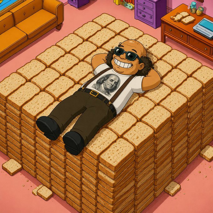 A cartoon character with curly hair and sunglasses relaxing on a giant stack of toast slices in a living room setting.