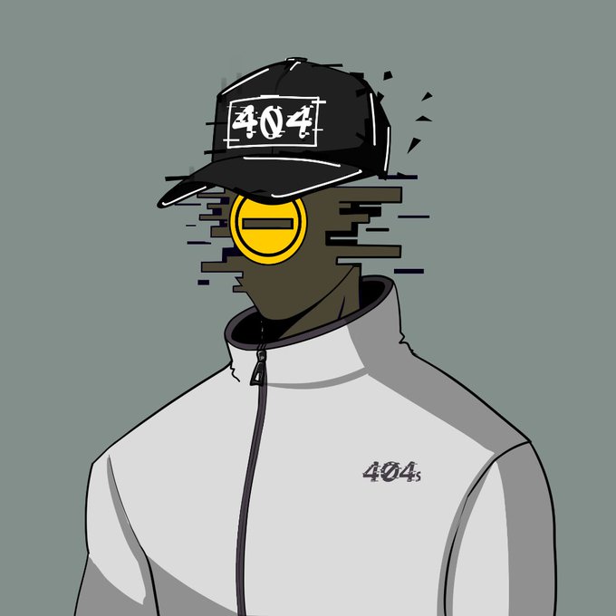 A stylized digital illustration of a figure wearing a white jacket with '404' on it and a black cap marked '404', featuring a glitching face and a yellow circular symbol.