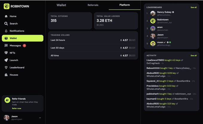 A screenshot of the ROBINTOWN platform's Wallet page showing 315 total citizens and 3.28 ETH total value locked, with a leaderboard featuring users like NancyDubey, Robintown, anon, Jason, and moon, plus a 'Refer friends' section in the bottom left.
