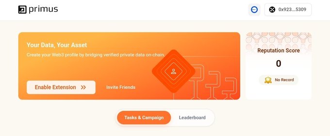 A screenshot of the 'primus' web dashboard with an orange banner reading 'Your Data, Your Asset - Create your Web3 profile by bridging verified private data on-chain,' featuring buttons to 'Enable Extension' and 'Invite Friends,' alongside a 'Reputation Score' of 0.