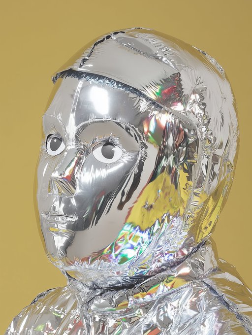 An artistic photograph of a silver chrome/metallic textured sculpture or figure resembling a stylized face with large cartoon eyes, set against a yellow background.