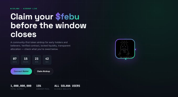 A Solana airdrop landing page for the $febu token, featuring a countdown timer (87 days, 15 hours, 23 minutes, 42 seconds), "Connect Wallet" and "Claim Airdrop" buttons, a 15% airdrop pool from a total supply of 1,000,000,000, and a stylized square logo—promoting the memecoin airdrop at febu.freecoins.fun mentioned in the post.