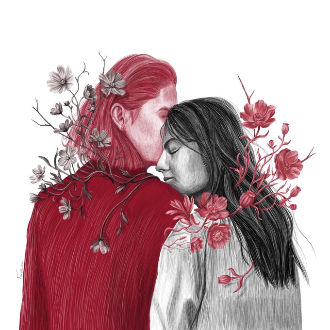 A delicate mixed-media illustration of two women embracing, one in red and one in grayscale, intertwined with detailed floral and branch motifs.