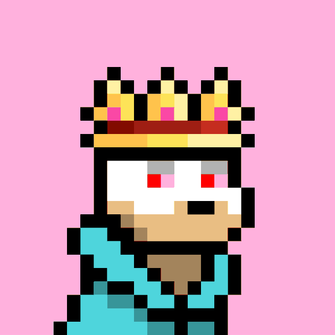 A pixel art character featuring a white blocky face with red eyes, wearing a gold and red crown, set against a solid pink background.
