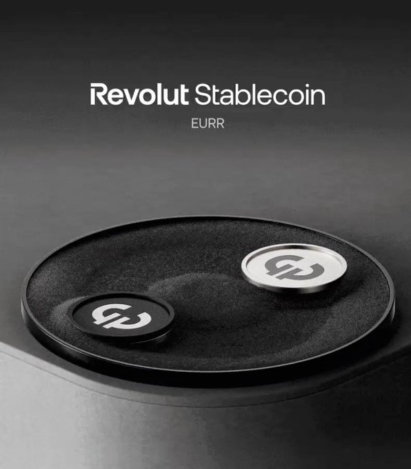 A sleek promotional image for 'Revolut Stablecoin EURR,' showing two circular tokens with a stylized logo on a dark textured surface.
