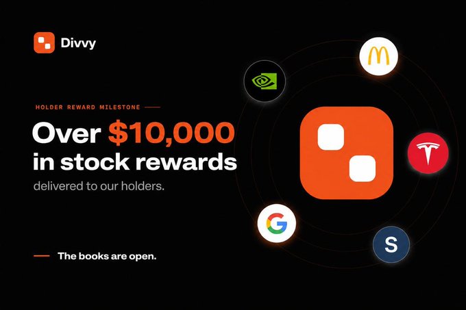 Promotional graphic for Divvy announcing a 'HOLDER REWARD MILESTONE' of 'Over $10,000 in stock rewards delivered to our holders,' surrounded by brand logos including NVIDIA, McDonald's, Google, Tesla, and Shopify.