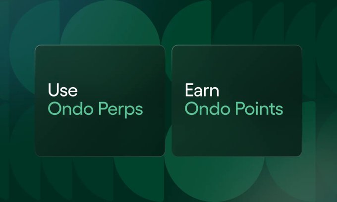 A promotional graphic featuring two dark green panels on a gradient green background, displaying the text "Use Ondo Perps" and "Earn Ondo Points." The image visually reinforces the post's announcement of the new Ondo Points rewards program, highlighting the dual benefits of using Ondo Perps to earn points and USDC rewards.