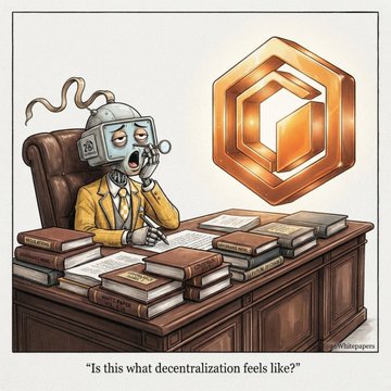 A cartoon of a stressed, hat-wearing figure buried under books at a desk, next to a glowing orange hexagonal symbol, captioned 'Is this what decentralization feels like?'