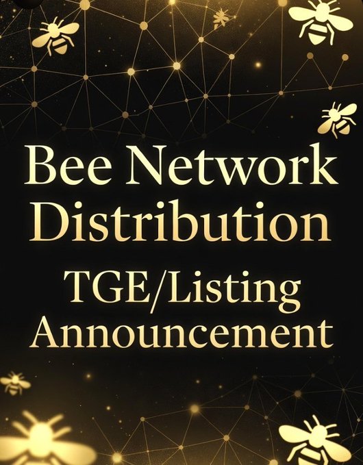 A promotional graphic with a gold and black bee-themed network design featuring the text "Bee Network Distribution TGE/Listing Announcement."

The image relates to the post by visually emphasizing the user's call for a distribution and TGE/Listing announcement for Bee Network, using the project's bee branding to highlight their growing frustration over the lack of official updates despite six years of waiting.