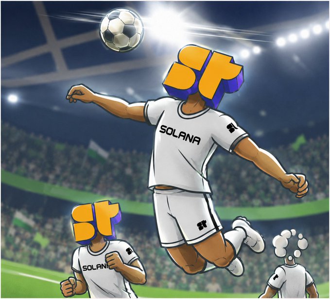 The image features a cartoon illustration of three soccer players wearing white uniforms with black lettering, jumping up into the air as they attempt to kick a soccer ball. The background shows a stadium filled with spectators watching the game. The caption "@solana ↓" is present in the image, which could be related to the post or an event happening at the stadium.
