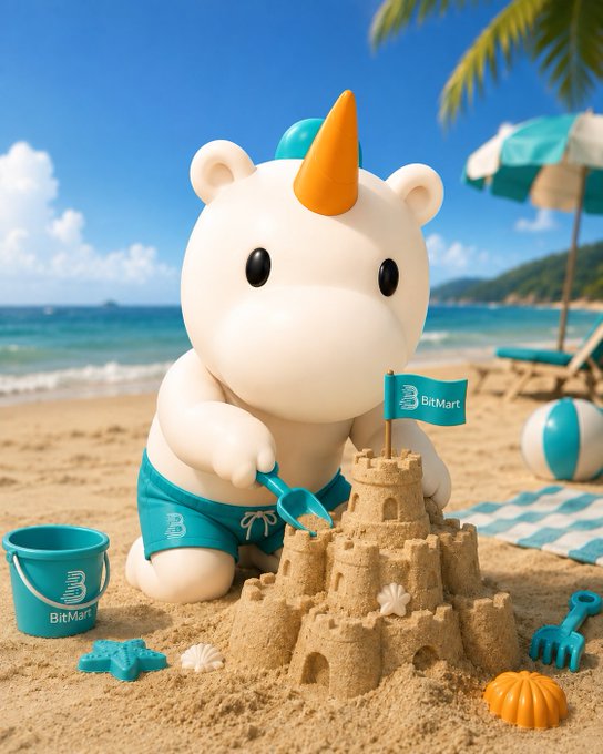 A cute unicorn mascot wearing "BitMart" swim trunks builds a sandcastle on a tropical beach, with a "BitMart" flag planted on top of the fortress and a branded bucket nearby—mirroring the post's message of starting small and growing with BitMart.

Key text visible: "BitMart" (on the flag, the bucket, and the mascot's shorts), along with the "B" BitMart logo.