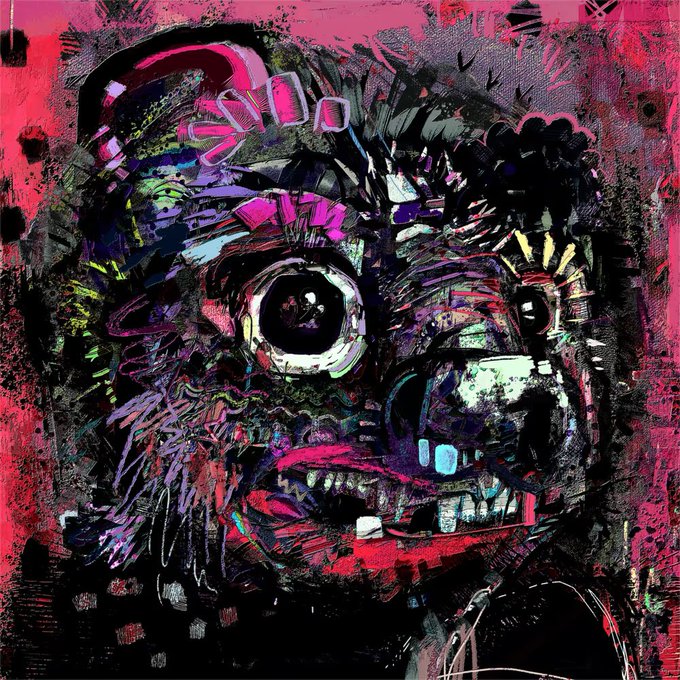 A vibrant, abstract, and chaotic painting of a monstrous figure with one large eye, sharp teeth, and dark, scratchy textures against a bright pink background.