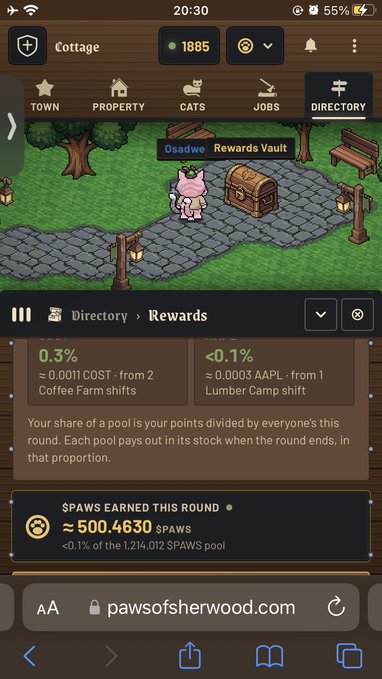 A mobile game screenshot showing a Cottage scene with a cat character and a 'Rewards Vault' chest, with a Directory panel displaying rewards shares of 0.3% COST and <0.1% AAPL, totaling approximately 500.4630 spaws earned this round.