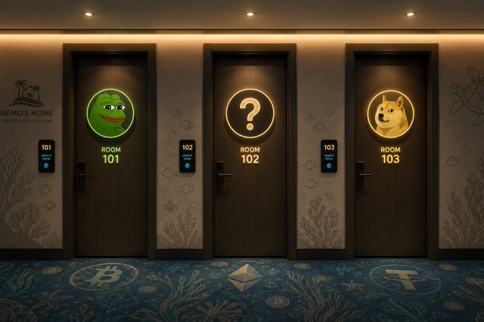 An illustrated hallway with three numbered doors (101, 102, 103) featuring cryptocurrency mascots—Pepe the Frog, a question mark, and Dogecoin—with a carpet patterned with Bitcoin, Ethereum, and XRP logos.