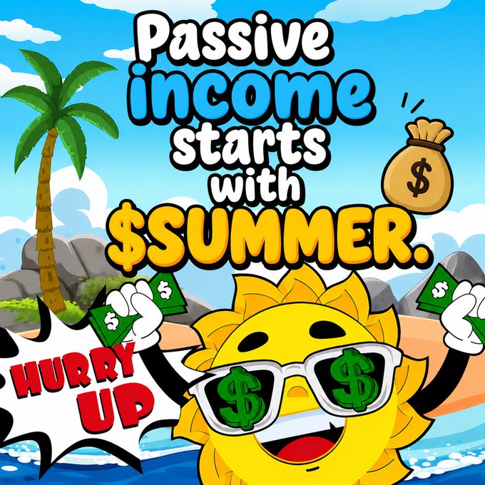 A cartoon sun wearing dollar-sign sunglasses cheerfully holds cash on a tropical beach, with bold text reading "Passive income starts with $SUMMER." and a "HURRY UP" comic-style burst, promoting the $SUMMER memecoin's promise of free USDT rewards for simply holding tokens.