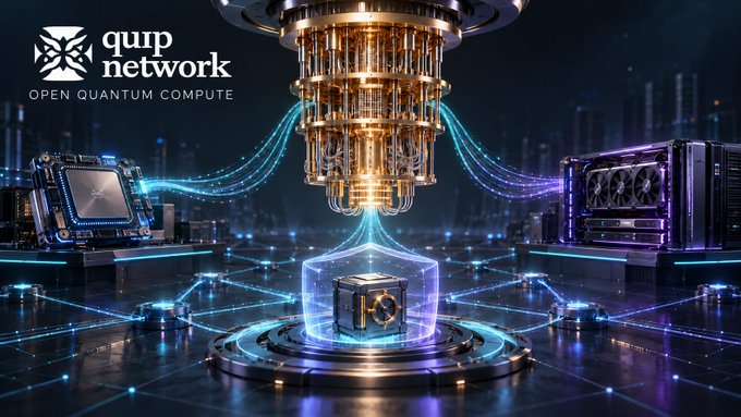 A futuristic quantum computing graphic for 'quup network' showing a glowing golden quantum processor suspended above a blue-lit cube, with the tagline 'OPEN QUANTUM COMPUTE'