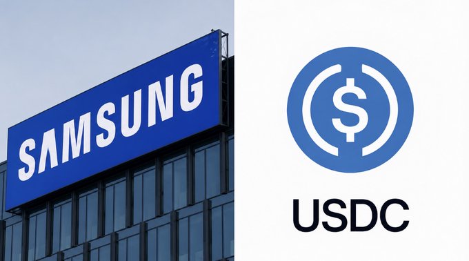 The image shows the Samsung logo on a building alongside the USDC stablecoin logo. It visually represents the post's news about Samsung Wallet integrating native USDC support, bringing stablecoin functionality to Galaxy's massive user base of approximately one billion devices.
