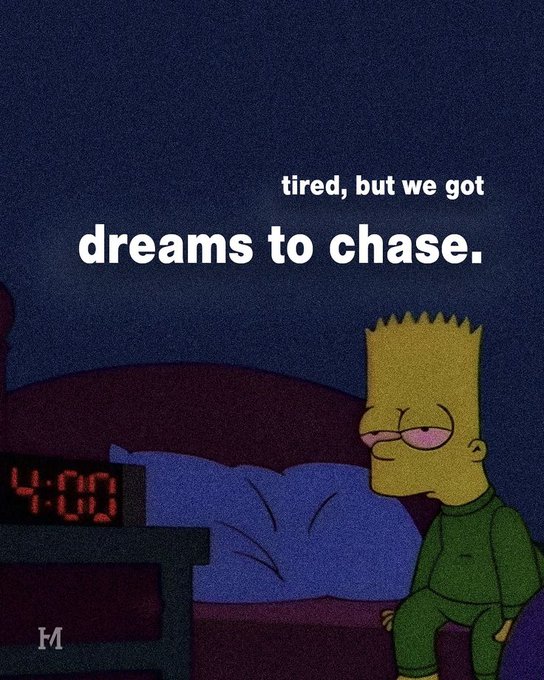 The image features a cartoon character, likely from the popular animated series "Barney the Purple Cat", sitting on a couch next to an alarm clock. The text above the image reads "Tired, but we got dreams to chase." This phrase is related to the concept of investing in cryptocurrency and how it can be challenging or even exhausting at times. The cartoon character represents the idea that pursuing one's dreams may require effort and dedication, just like managing a successful investment portfolio in the crypto world.