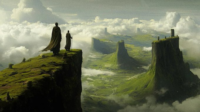 Two figures in cloaks stand on a green cliff edge overlooking a vast misty landscape with distant towers.