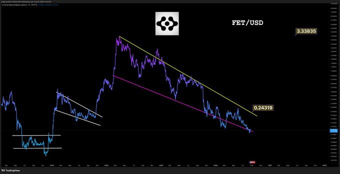 A TradingView chart displays the price action of $FET (FET/USD) with two descending trendlines—one yellow and one magenta—highlighting a potential falling wedge or descending channel pattern. Key price levels are marked at 3.33835 (high) and 0.24319 (current/lower), illustrating the significant downtrend from peak to trough over the timeframe shown.