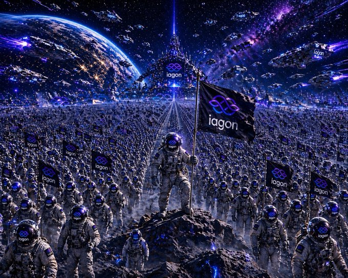 An astronaut plants the @IagonOfficial flag in a vast, futuristic landscape filled with other astronauts and flying ships, symbolizing the project's global reach. The image visually represents the post's message about 722+ nodes across 50 countries.