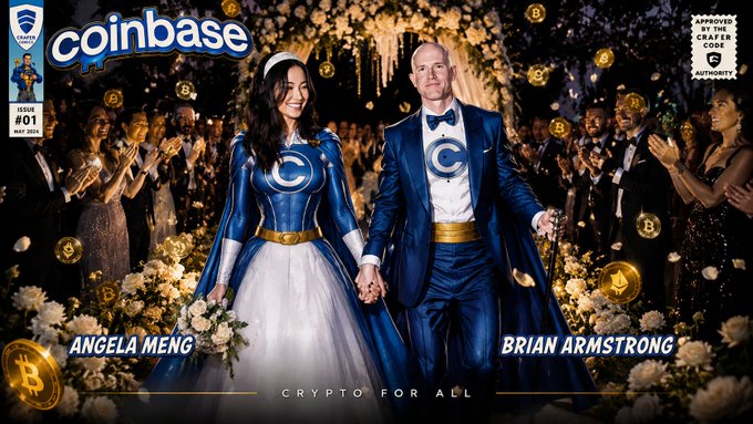 A whimsical comic-book style illustration depicts Angela Meng and Brian Armstrong dressed in coordinated blue and white outfits adorned with the "C" logo, walking hand-in-hand at a glamorous wedding ceremony as coins fall from the sky around them, with text reading "Issue No 1 Nov 2024," "Approved by the Crafter of Crypto Authority," and the tagline "Crypto for All." This playful, romanticized image visually represents the post's narrative of Angela's journey from a meaningful first meeting with the Coinbase CEO in 2019 into a deepening personal connection.