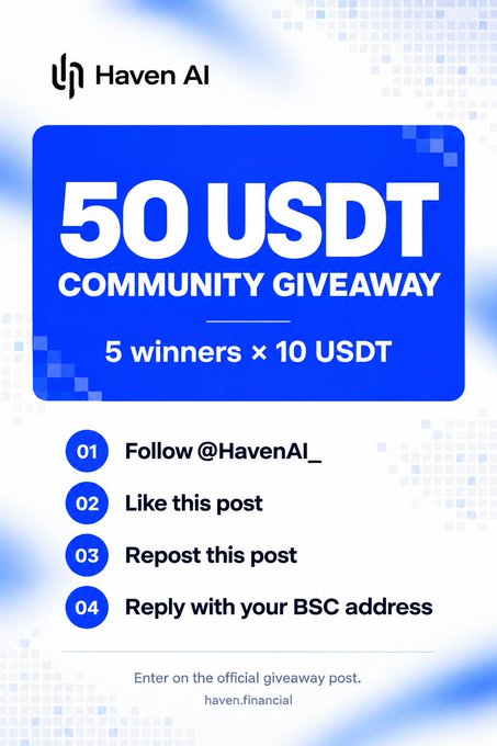 A promotional graphic for a Haven AI '50 USDT COMMUNITY GIVEAWAY' featuring instructions to follow @HavenAI_, like and repost the post, and reply with a BSC address.