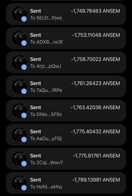 A screenshot of a crypto transaction history shows multiple outgoing transfers labeled "Sent" ranging from approximately -1,749 to -1,789 ANSEM tokens to various abbreviated wallet addresses, illustrating the $ANSEM airdrop distribution mentioned in the post.