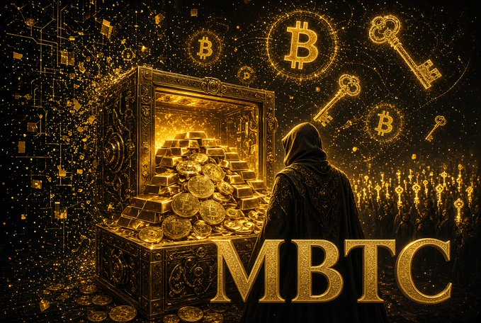 Dramatic gold-themed artwork featuring a hooded figure beside an ornate treasure chest overflowing with gold coins, surrounded by Bitcoin symbols and ornate keys, with the text 'MBTC' prominently displayed.