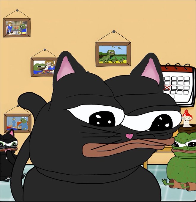 A digital drawing of a black cat with large eyes, standing next to a green frog-like creature, with framed pictures of cats and dinosaurs hanging on the wall behind them.