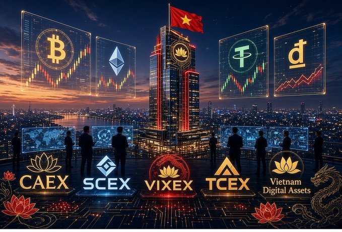 A stylized promotional graphic for Vietnamese cryptocurrency exchanges, showing a skyscraper flying the Vietnam flag alongside logos for Bitcoin, Ethereum, Tether, and Dogecoin, with exchange names CAEX, SCEX, VIXEX, TCEX, and Vietnam Digital Assets displayed below.