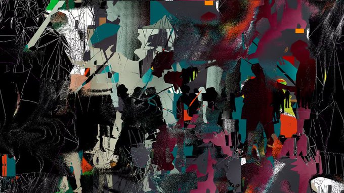 Abstract digital collage artwork featuring black, teal, pink, and red fragmented shapes with chaotic splatter patterns and structural silhouettes.