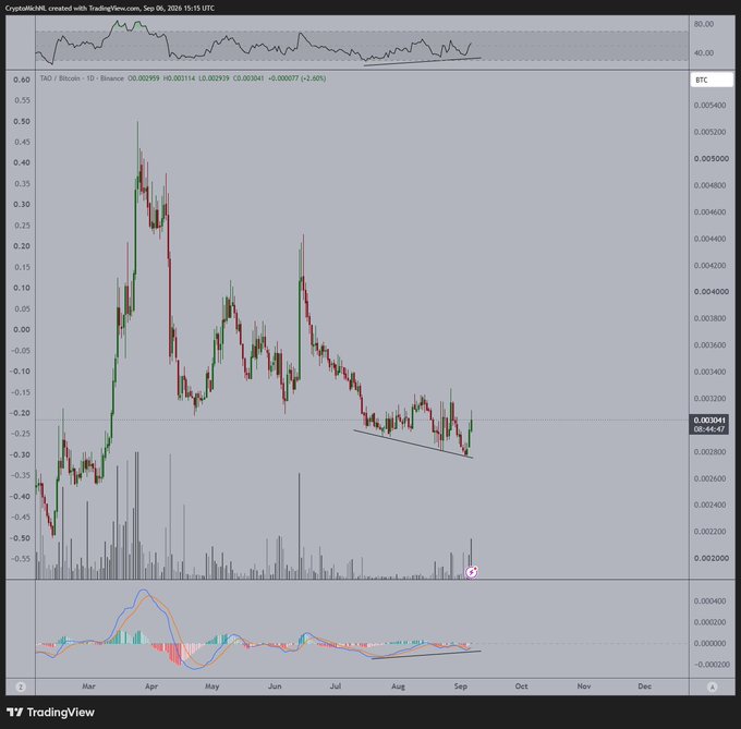 A TradingView chart displays the TAO/Bitcoin pair on Binance, with TAO priced at 0.003041 BTC (+2.40%), showing price action from March through September 2026 alongside a MACD indicator and volume histogram, where a bullish divergence is highlighted on the lower indicator as TAO appears to be forming a trend reversal against Bitcoin.