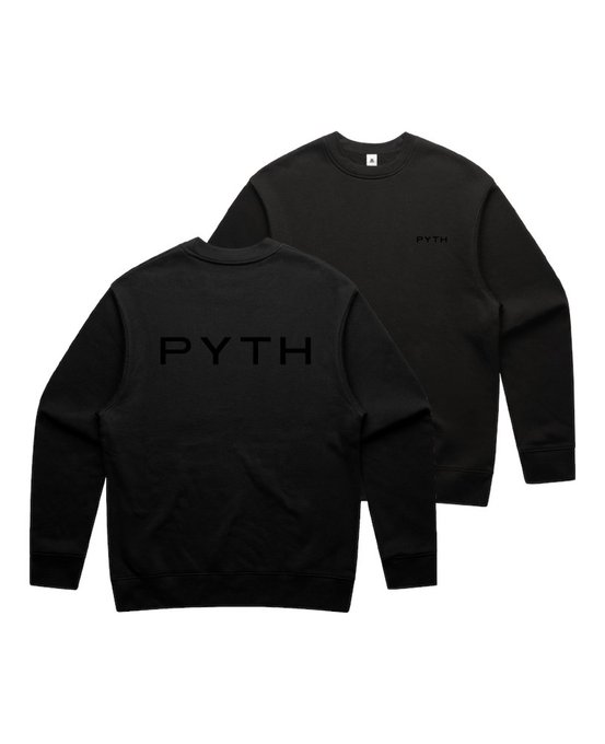 A product photo showing front and back views of a black sweatshirt featuring 'PYTH' branding in dark lettering.