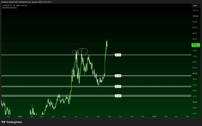 A daily candlestick chart of Woodbot Premium's HYPERUSDT.P (Hyperliquid) shows price trading around $81-82 after a strong rally from the $44-55 support zone, with the previous wick highs near $73-75 circled as a key flip level for bullish continuation. The highlighted support and resistance zones align with the post's thesis that pullbacks into the wick highs present buying opportunities rather than bearish signals.