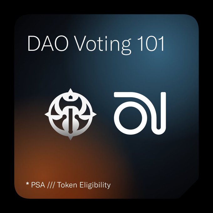 A dark gradient graphic titled 'DAO Voting 101' featuring two silver logos, with a subtitle reading '* PSA /// Token Eligibility'.