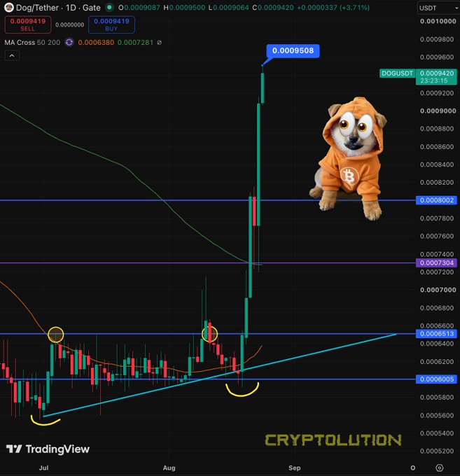 A TradingView chart for the Dog/Tether (DOGUSDT) pair on Gate exchange, showing a dramatic price spike to 0.0009508, with the 'CRYPTOLUTION' watermark and an image of a Shiba Inu dog wearing an orange Bitcoin hoodie overlaid.
