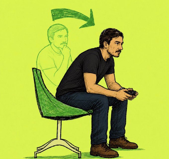 A hand-drawn illustration of a man in a black t-shirt sitting on a green chair holding a video game controller, with a faded outline of his thoughtful former self and a green arrow indicating his transformation into a focused gamer.